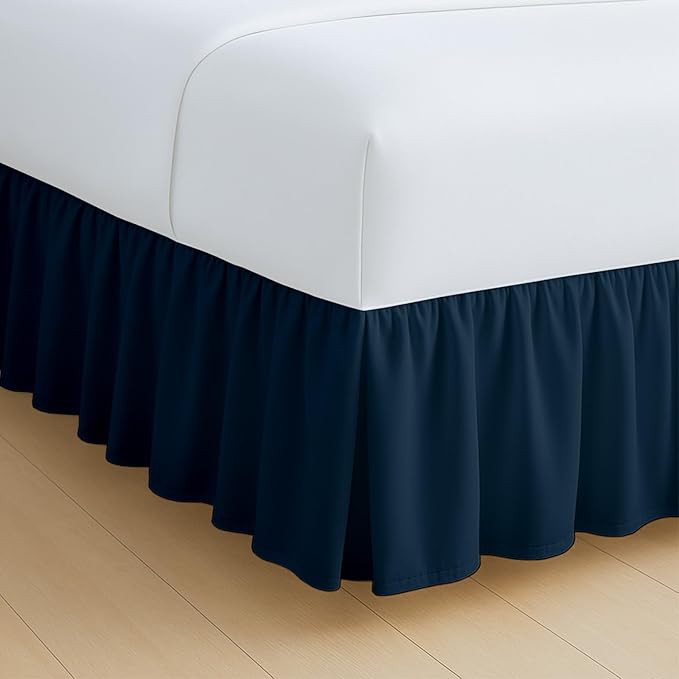 Rajlinen Ruffled Bed Skirt Queen, 16 Inch Drop Dust Ruffle with Split Corners, 100% Microfiber Bedskirt with Platform, Three-Sided Coverage Ruffled Gathering Design, Navy Blue