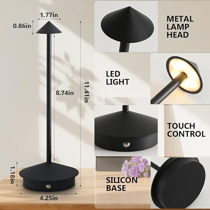 Cordless Table Lamp, 5000mAh Rechargeable Battery Powered LED Desk Lamp, Portable Touch Control Outdoor Table Lamps,3 Color Dimmable Light for Restaurant, Patio, Bedroom, Night Lamp (Black)