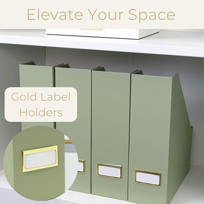 BLU MONACO | Set of 6 Foldable Magazine File Holders in Earth Green | Heavy-Duty Vertical File Organizers with Label Holders | Desk Organizer Set for Paperwork, Documents & Office Storage