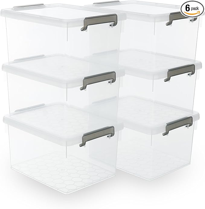 Citylife 22.2 QT 6 Packs Plastic Storage Bins with Lids and Secure Latching Buckles Clear Stackable Storage Containers for Organizing Durable Storage Box