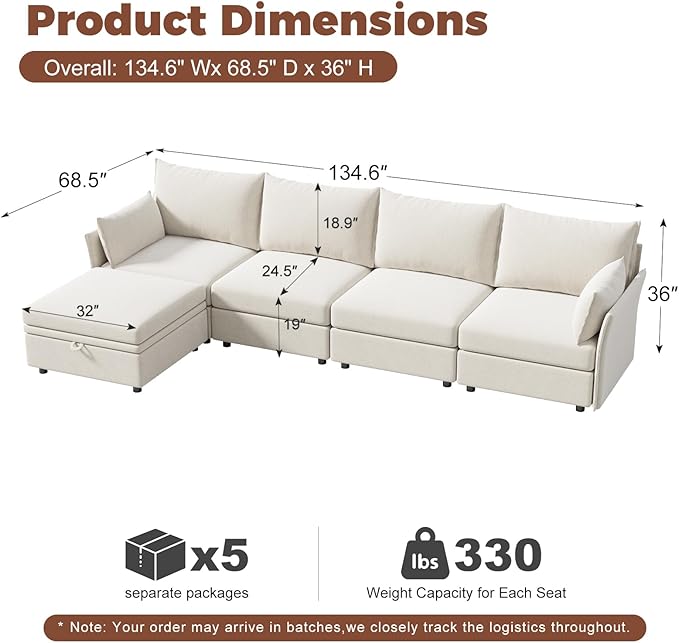 ABCASA 134.6" Luxury Modular Sectional Convertible Sofa with Storage Ottoman, L-Shape 5-Seat Oversized Comfy Couch Deep Seat with Reversible Chaise - Chenille White