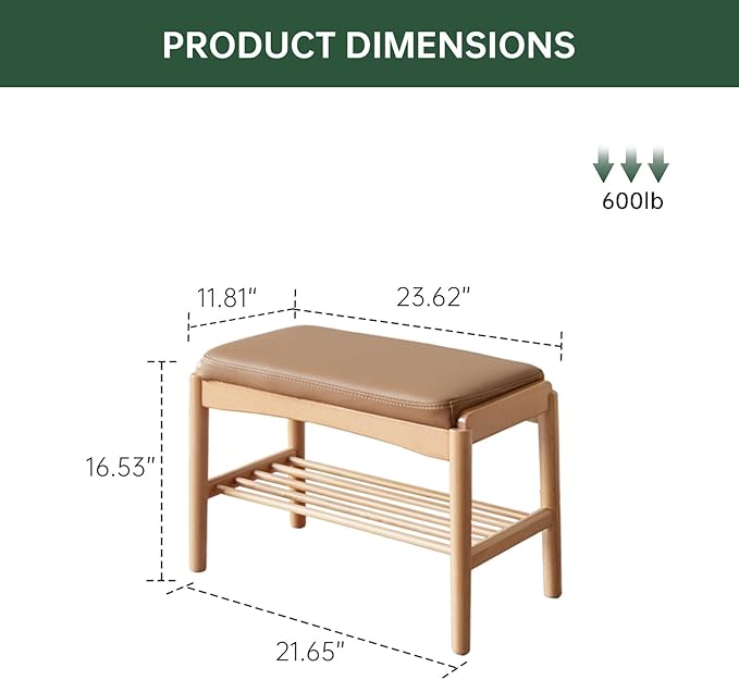Solid Wood Shoe Bench, Shoe Rack Bench Assembled with Silicone Leather Cushion for Entryway, Hallway, Bedroom, Living Room, 11.8" x 23.6" x 16.5", Beech Wood, Natural