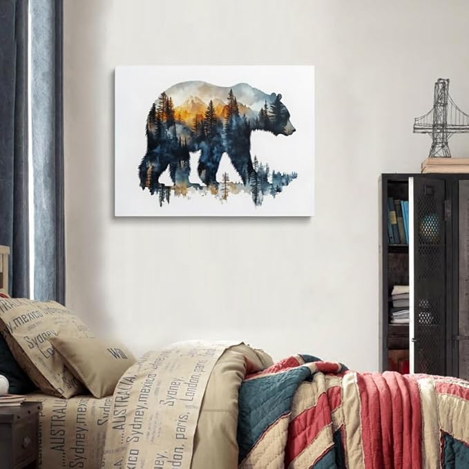 Forest Landscape Inside Bear Canvas Wall Art Framed Painting Watercolor Wildlife Wall Decor Artwork Print Poster Nature Mountain Silhouette Sunset for Living Room Home Office Cabin Decor 16x24 Inches