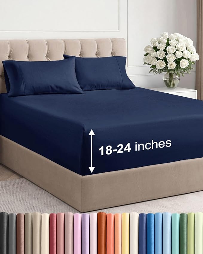 Extra Deep Twin XL Sheet Set - 4 Piece Breathable and Cooling Sheets - Hotel Luxury Bed Sheets Set - Easy Fit - Soft, Wrinkle Free and Comfy Sheets Set - Navy Blue Sheet Set with Extra Deep Pockets