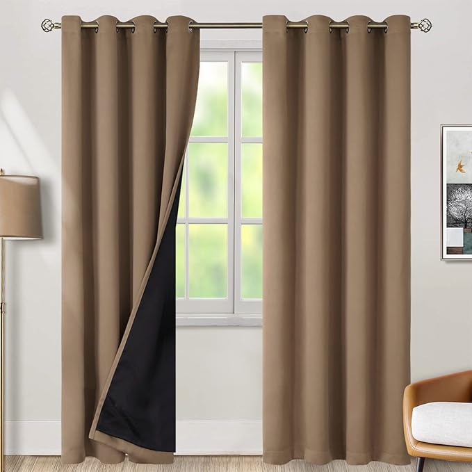 BGment Thermal Insulated 100% Blackout Curtains for Bedroom with Black Liner, Double Layer Full Room Darkening Noise Reducing Grommet Curtain (52 x 90 Inch, Taupe, 2 Panels)