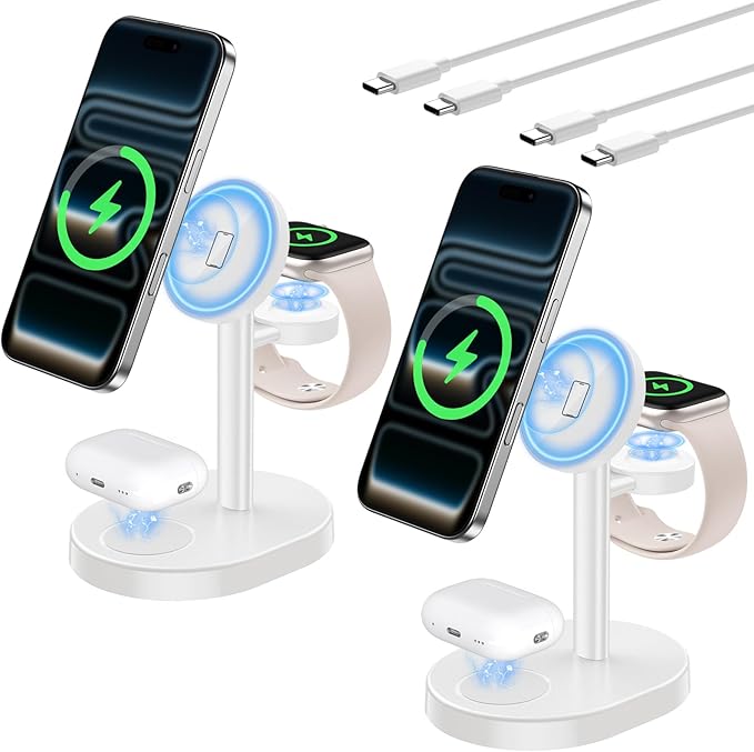 2026 3 in 1 Wireless Charging Station for Apple MagSafe Charger, 15W Fast Magnetic Mag-Safe Charger Stand for iPhone 17 16 15 14 13 12 Apple Watch AirPods, 2 Pack (Adaptor Not Included)