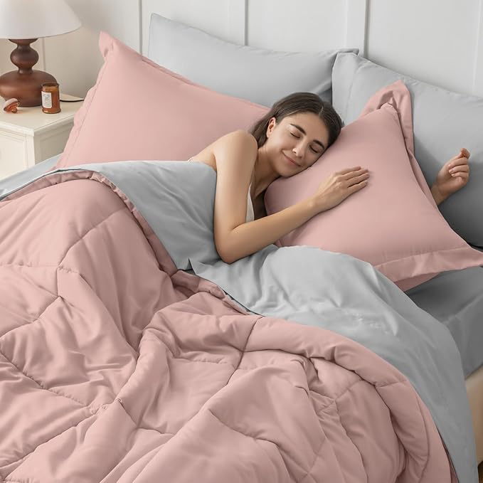 JOLLYVOGUE Twin XL Comforter Set, Ultra-Soft Bed in a Bag Twin XL Size 5 Pieces, Oeko-TEX Certified Bedding Set with Down Alternative Comforter, Sheets, Pillowcases & Shams, Pink & Light Grey