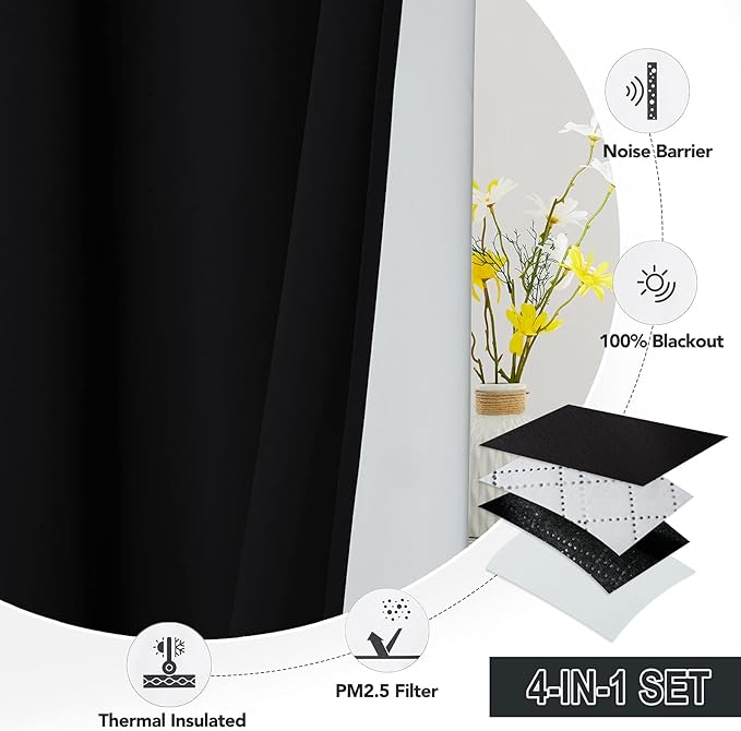RYB HOME Dustproof Curtains for Large Window, Soundproof Thermal Insulated Blackout Curtains for Sliding Glass Door Furance Office Dorm Bedroom Living Room, Black, W62 x L95 inch, 2 Panels