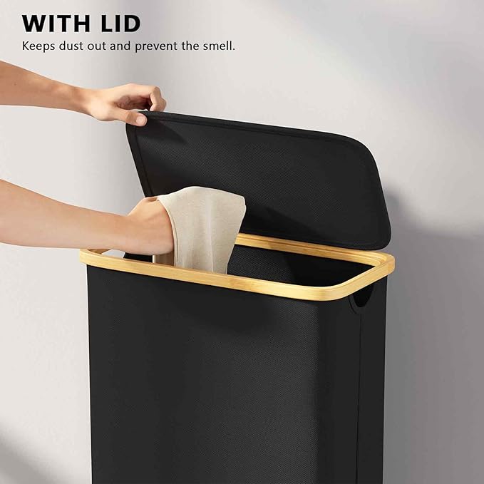 SpaceAid Slim Laundry Hamper with Lid, 65L Narrow Clothes Basket Bin with Bamboo Handles, Skinny Tall Collapsible Hamper for Bedroom, Bathroom, Dorm, Laundry Room - Black
