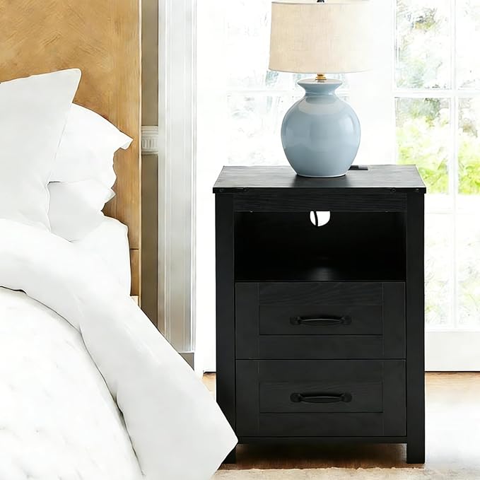 Puntogen Black Night Stand, Rustic End Table with Charging Station, Farmhouse Tall Nightstand for Bedroom, Drawer Dresser Bedside Table with Open Storage Shelf