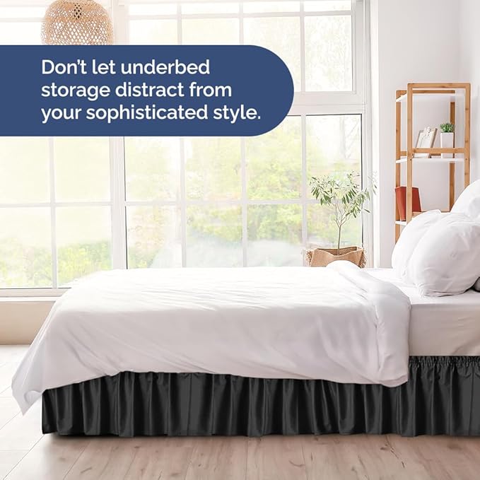 Wrap Around Dust Ruffle Bed Skirt - Black - for Queen Size Beds with 12 Inch Drop - Easy Fit Elastic Strap - Adjustable Pleated Bedskirt w/Brushed Fabric - Wrinkle Free - for Women, Men, Kids & Teens