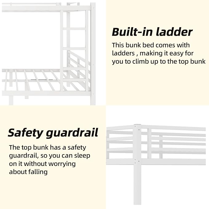 Full Over Full Bunk Bed Frame, Heavy Duty Metal Loft Bed for Adults/Teens, 350/500LB Capacity w/Ladder & Guardrail, Noise-Free Steel Slats, No Box Spring Required, White