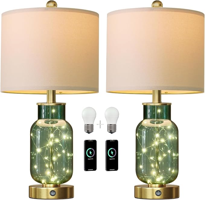 Oneach 22" Glass Table Lamps Set of 2, Green Modern Bedside Lamp with LED Night Light for Living Room, Nightstand Lamp with USB Ports for Bedrooms, Study Room, End Table(2 Bulbs Included)