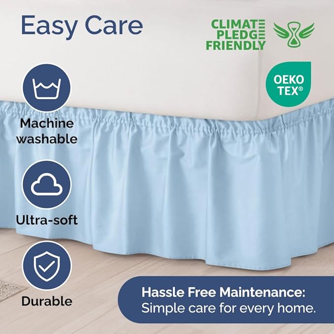 Wrap Around Dust Ruffle Bed Skirt - Light Blue - for Queen Size Beds with 24 Inch Drop - Elastic Strap - Adjustable Pleated Bedskirt with Brushed Fabric and Wrinkle Free - For Women, Men, Kids & Teens