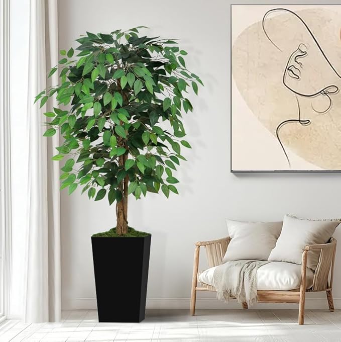 5ft Ficus Artificial Tree with 3 Natural Curved Trunks, 60" Tall Lush Faux Tree for Home Decor Indoor, Green Lifelike Fake Ficus Tree with Black Planter Pot
