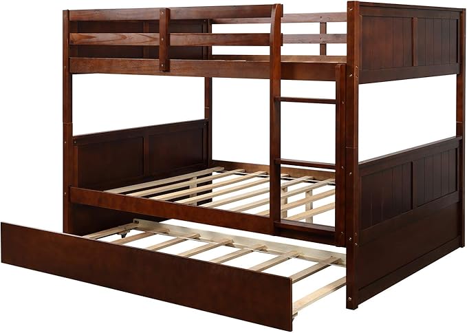STERXONE Best Thicken Solid Wood Full Over Full Bunk Bed with Trundle, Luxurious Bunk Bed Frame Full Size with Safety Guard Rail and Ladder, Convertible to 2 Beds for Adults, Teens (Walnut)