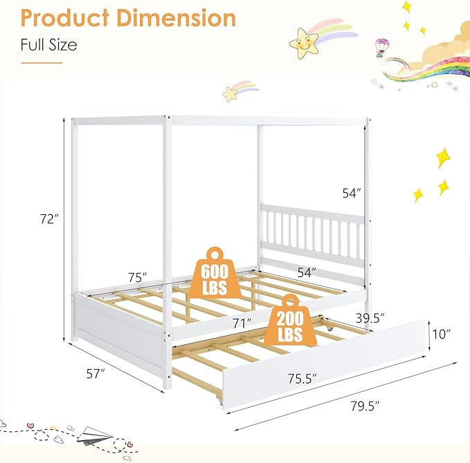 Giantex Canopy Bed with Trundle, Full Size Kids Solid Wood Platform Bed Frame w/Headboard Wooden Twin Trundle Bed for Boys Girls, No Box Spring Needed (White)