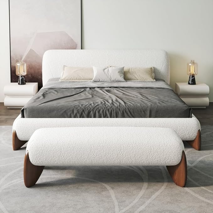 homary Modern Bedroom Furniture Set 2 Piece, White Boucle Queen Size Platform Bed Set & Bedroom Bench with Solid Rubber Wood Legs, Upholstered Headboard for Master Suite or Guest Room