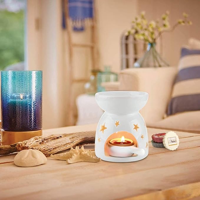 HwaGui Ceramic Tea Light Holder,Aromatherapy Oil Burner Candle Warmers Home Decoration Romantic White Star Pattern