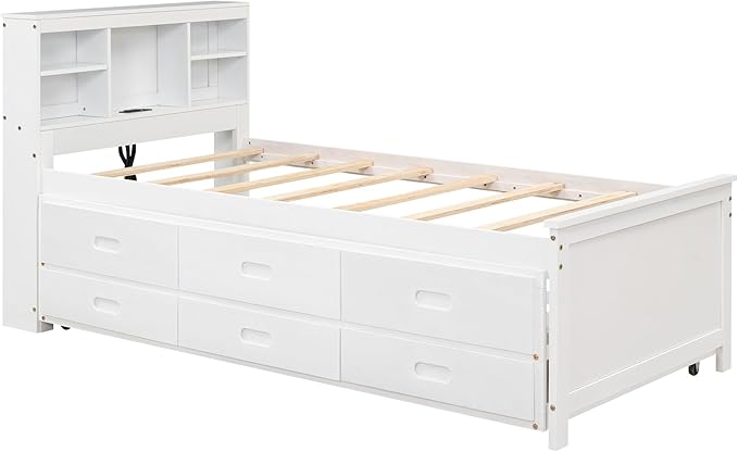 Platform Bed with Storage Headboard, USB, Twin Size Trundle and 3 Drawers, Twin Size, White