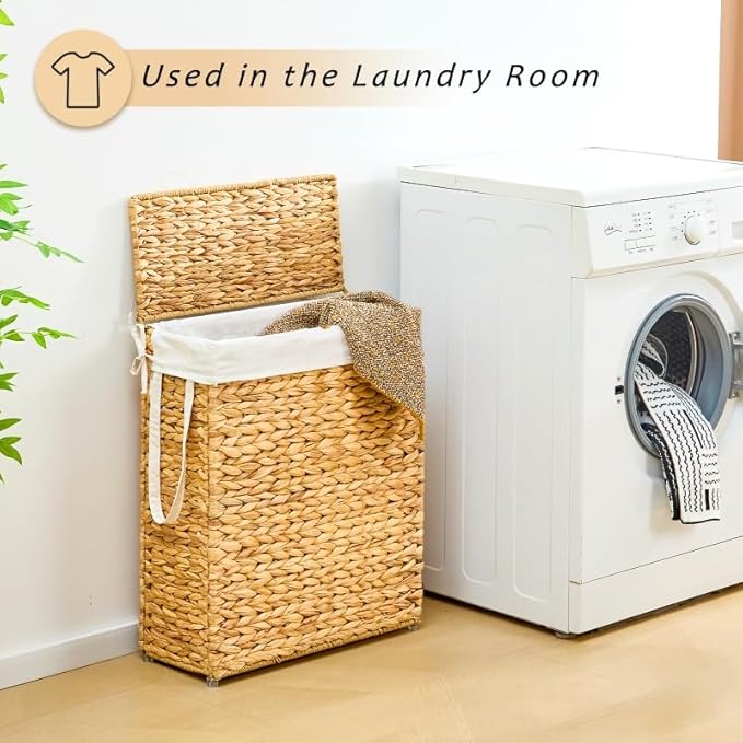 Handwoven Slim Laundry Hamper with Lid, 75L Natural Water Hyacinth Basket and Handles, Narrow Wicker Laundry Basket with Removable Liner Bag & 2 Mesh Bags