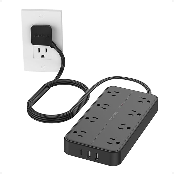 Surge Protector Power Strip, TESSAN Flat Plug Extension Cord with 8 Outlets 3 USB Ports(1 USB C), 1080 Joules Protection, 6 Ft, Wall Mountable Charging Station for Home Office Dorm Room Essentials