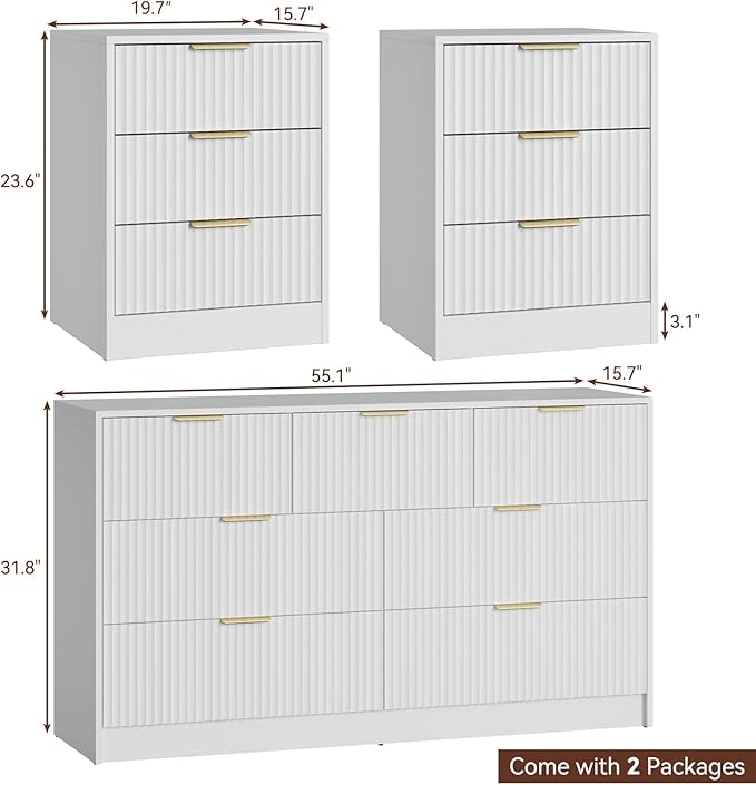 7 Drawer Dresser & Nightstand Set, 3-Piece White Fluted Dresser and Night Stand Set of 2 with Metal Handle, Modern Wood Chest of Drawers Storage Dressers Set for Bedroom, White
