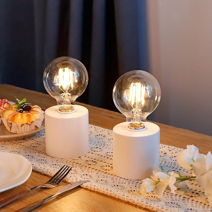 JHY DESIGN Set of 2 White Table Lamp Battery Powered 7" Tall Cordless Lamp Light with Edison Style Bulb Battery Operated Great for Living Room Bedroom Weddings Parties Patio Events