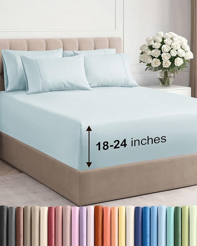Extra Deep King Sheet Set - 6 Piece Breathable & Cooling Sheets - Hotel Luxury Bed Sheets Set - Easy & Secure Fit - Soft, Wrinkle Free & Comfy Sheets Set - Ice Blue Sheet Set with Extra Deep Pockets