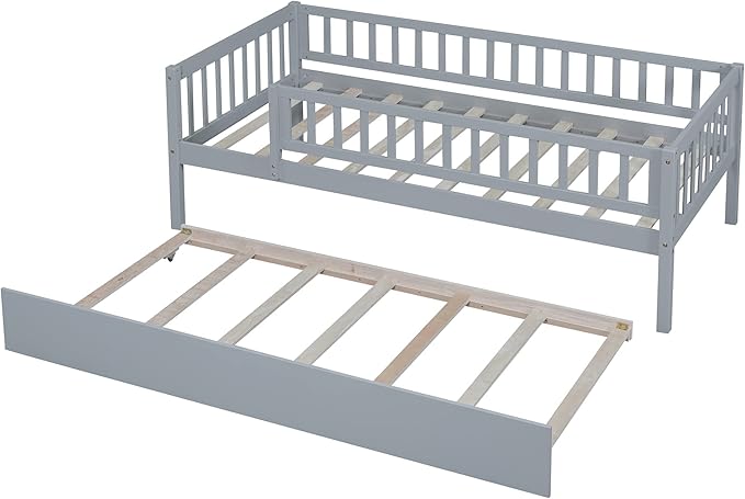 Bellemave Twin Kids Bed Frames with Rails for Kids, Twin daybed with Trundle for Boys/Girls/Adults，Gray
