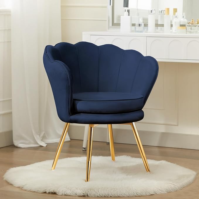 Accent Chairs Set of 2, Velvet Vanity Chair with Back, Mid-Century Modern Small Accent Chair for Living Room, Golden Metal Legs Upholstered Makeup Chair, Bedroom Armchair, Dark Blue