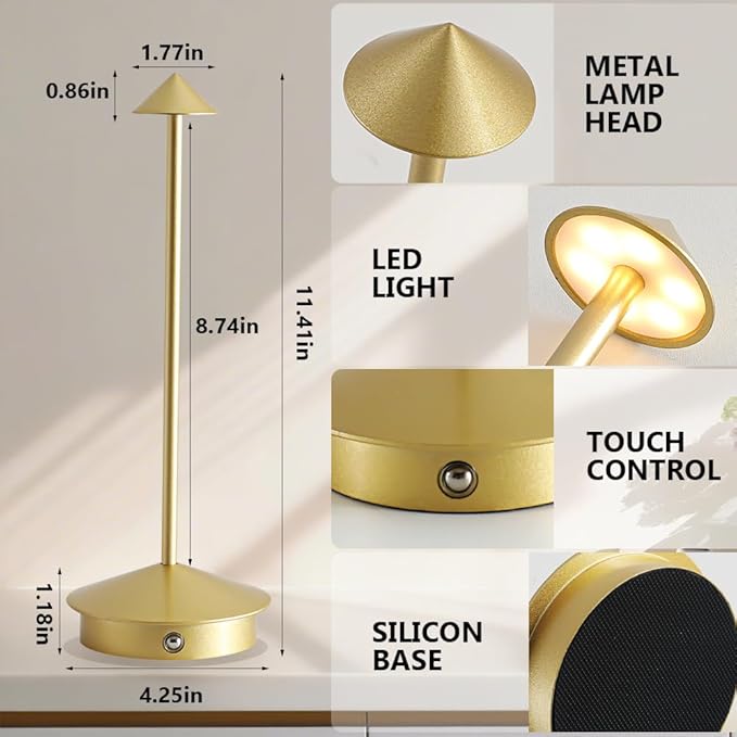 Cordless Table Lamp Set of 2, 5000mAh Rechargeable Battery Powered LED Desk Lamp, Portable Touch Dimming Outdoor Table Lamps, 3 Color Light for Restaurant, Patio, Bedroom, Night Lamp (Gold)