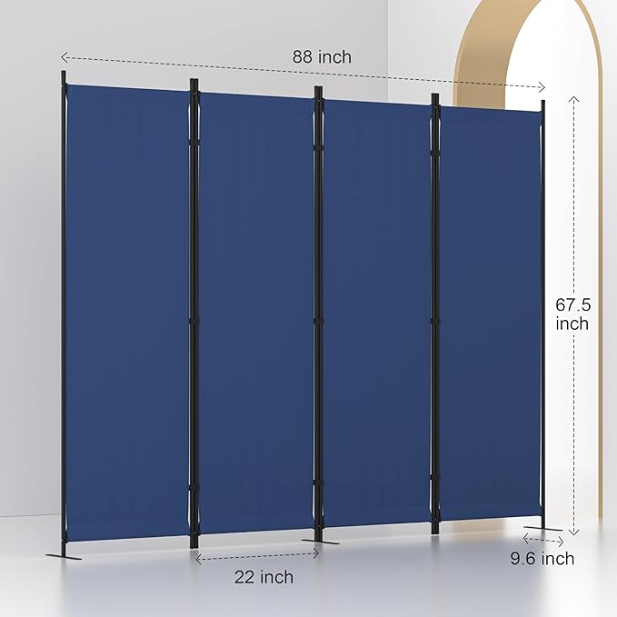 Room Divider, 4 Panel Folding Privacy Screen, 88” Portable Separating with 3 Metal Feet, Partition Room Dividers, Lightweight Freestanding Wall Divider Screen for Office Bedroom Hospital(Blue)