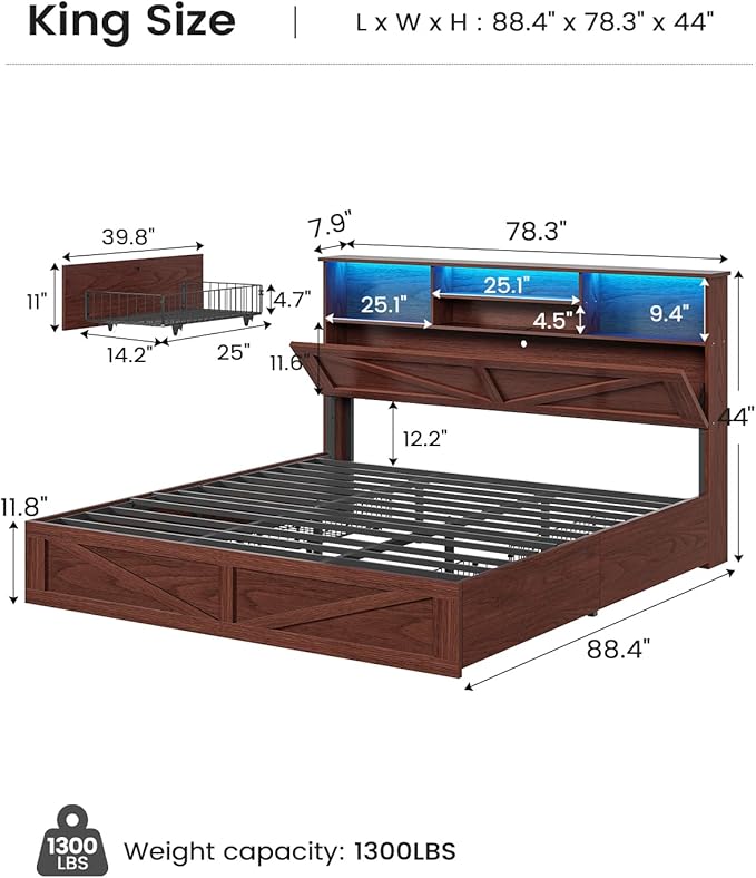 AOGLLATI Farmhouse King Bed Frame Bed Frame with 4 Storage Drawers and Led Lights, Wooden King Bed with Hidden Space Bookcase Headboard and Led Lights & Metal Slats, Mahogany
