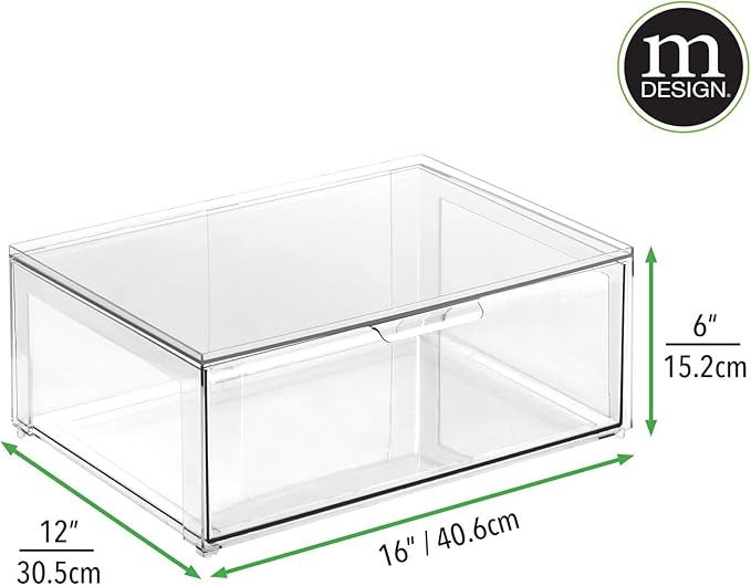 mDesign Plastic Stackable Bathroom Storage Organizer Bin Containers with Front Pull Drawer for Bathroom Countertop, Vanity, Closet Shelves - Holder for Accessories - Lumiere Collection, 2 Pack, Clear