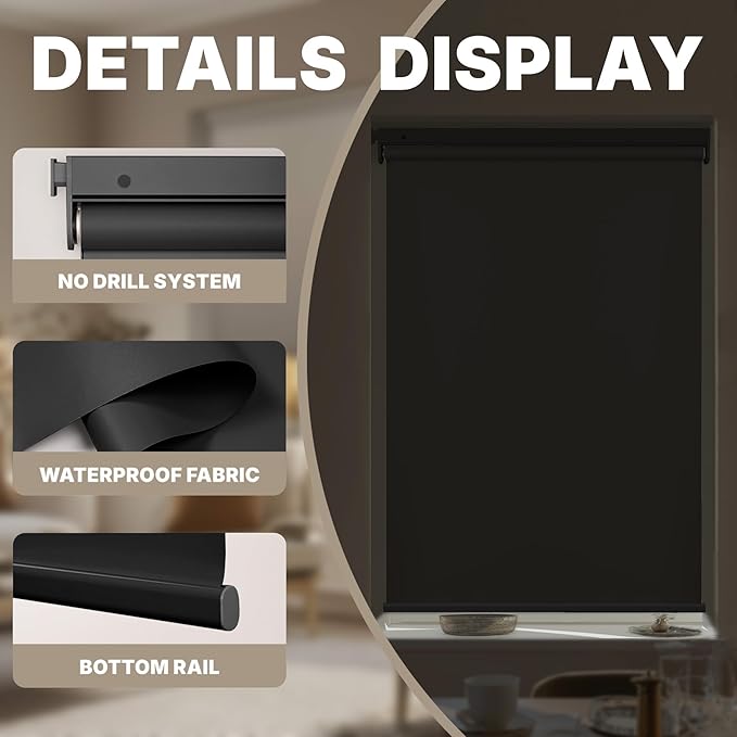 HESTIA No Drill Cordless Blackout Roller Shades Screwless Waterproof Shower Window Blinds, Auto-Retraction Easy Install Blind for Bathroom/Kitchen/Office/Exterior, Black, 39.5" W x 54" H