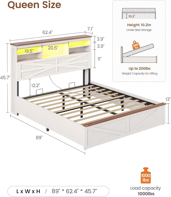 AOGLLATI Farmhouse Bed Frame Queen Size with Lift Up Storage & Hidden Bookcase Storage Headbord, Wood Queen Bed Frame with Charging Station, Led Lights, No Box Spring Needed, Antique White