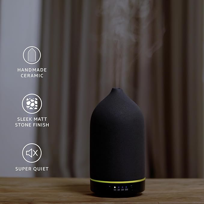 Gooamp 200ML Ceramic Essential Oil Diffuser - Ultrasonic Aromatherapy & Humidifier with 7-Color LED Lights, Auto Shut-Off, Black, 1H/3H/6H Timer | Scent for Home, Office, Yoga