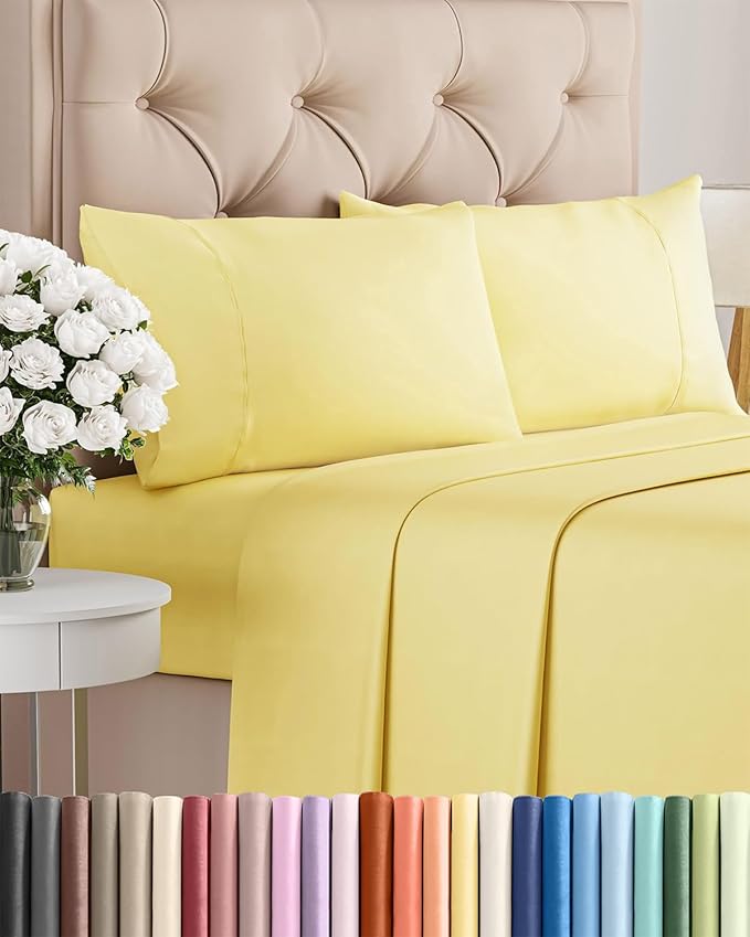 Twin 4 Piece Sheet Set - Cooling, Comfy & Breathable - Hotel Luxury Bedding, Includes Fitted Sheet for Women, Men, Kids and Teens - 1 Flat, 1 Fitted Sheet, 2 Pillowcases with Deep Pockets - Yellow