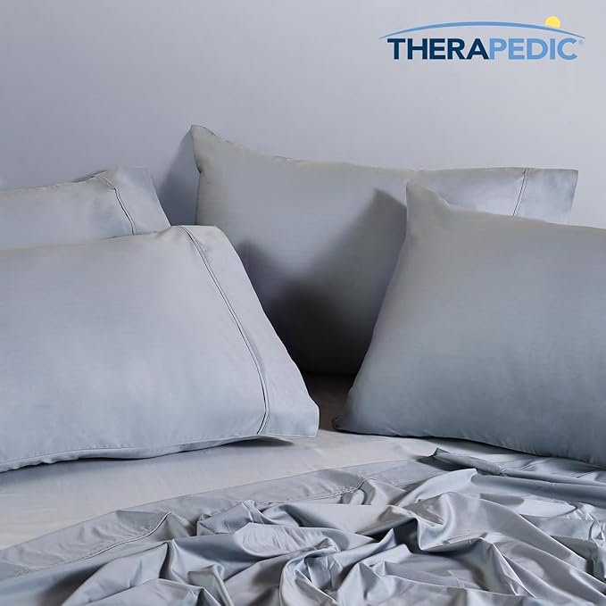Therapedic 1000TC Split King 7-Piece Sheet Set - 100% Organic Rayon Dervied from Bamboo Blend with Cooling Fiber, Ideal for Hot Sleepers - 16" Deep Pocket Fitted Sheet, Bonus Pillowcases - Light Blue