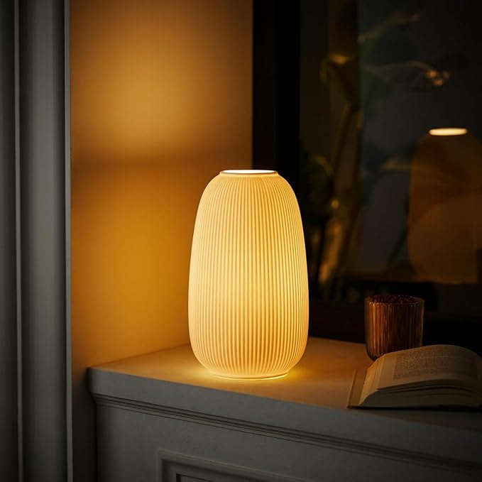 RONDURE 9.5" Modern Ceramic Table Lamp, Fully Dimmable Modern Bedside Lamps for Bedroom, Living Room and Nightstand, White Translucent Ceramic Shade, Warm Ambient Lighting, Corded, Bulb Included