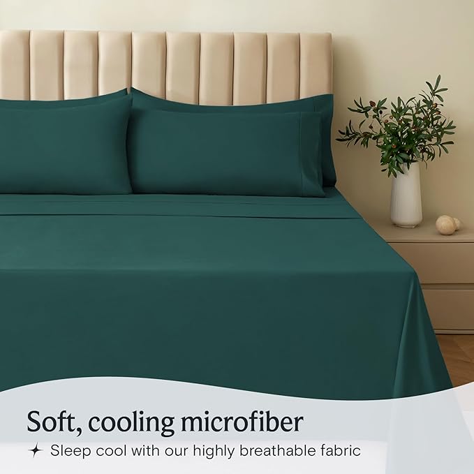 LuxClub 4 PC Full Sheet Set, Deep Pockets Wrinkle Free Cooling Bed Sheets Hotel Bedding for Women, Men, Kids & Teens, Includes 1 Fitted Sheet, 1 Flat Sheet and 2 Pillowcases-Soft Emerald