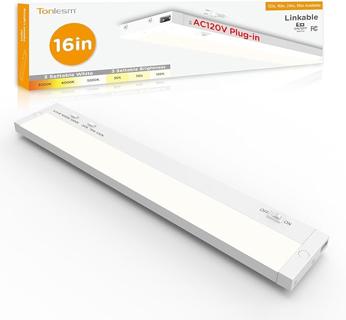 16 Inch Under Cabinet Lighting Plug in, 9W 120V 3 Color 3000K/4000K/5000K, 3 Brightness, Super Bright, Ultra Thin Under Counter Lights for Kitchen, Linkable LED Cabinet Light, White