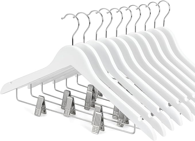 TOPIA HANGER Wooden Suit Hangers with Adjustable Metal Clips (10 Pack), Solid Smooth Wood Clothes Hangers, 360° Swivel Hook, Premium Pants Hangers for Clothes Coat, Jeans, Blouse-White,CT28W