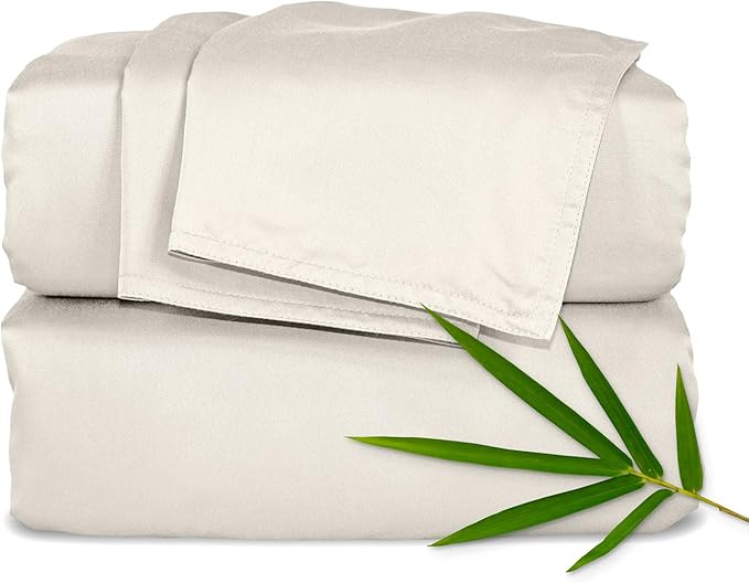 Pure Bamboo Split King Sheets, Genuine 100% Organic Viscose Derived from Bamboo Bed Sheet Set, Soft & Cooling, Double Stitching, 2 Fitted Sheets (Split King, Creme)