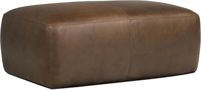 Poly & BARK Denver Ottoman – 43" Large Pouf with Feather-Down Topper – Full-Grain Leather Upholstered Pouf Ottoman for Living Room – Vintage Italian Leather in Cocoa Brown