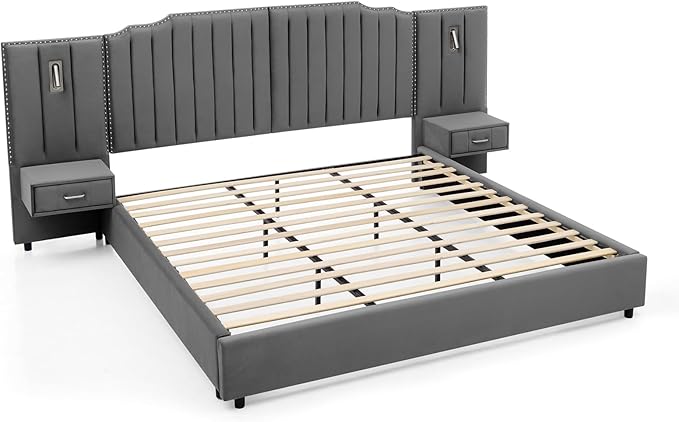 King Size Bed Frame with Storage, Luxury King Platform Bed Frame with Headboard, Velvet Fabric Upholstered Bedframe with LED Lights, Solid Frame & Bedside Table, No Box Spring Needed, Gray