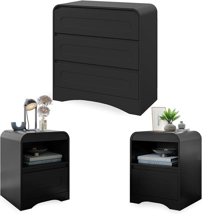 3 Piece Bedroom Set, Dresser and Nightstand Sets for Bedroom, Wood 3 Drawer Dresser & Night Stand Set of 2, Wide Chest of Drawers Modern Storage Cabinet Bedroom Furniture Set, Black