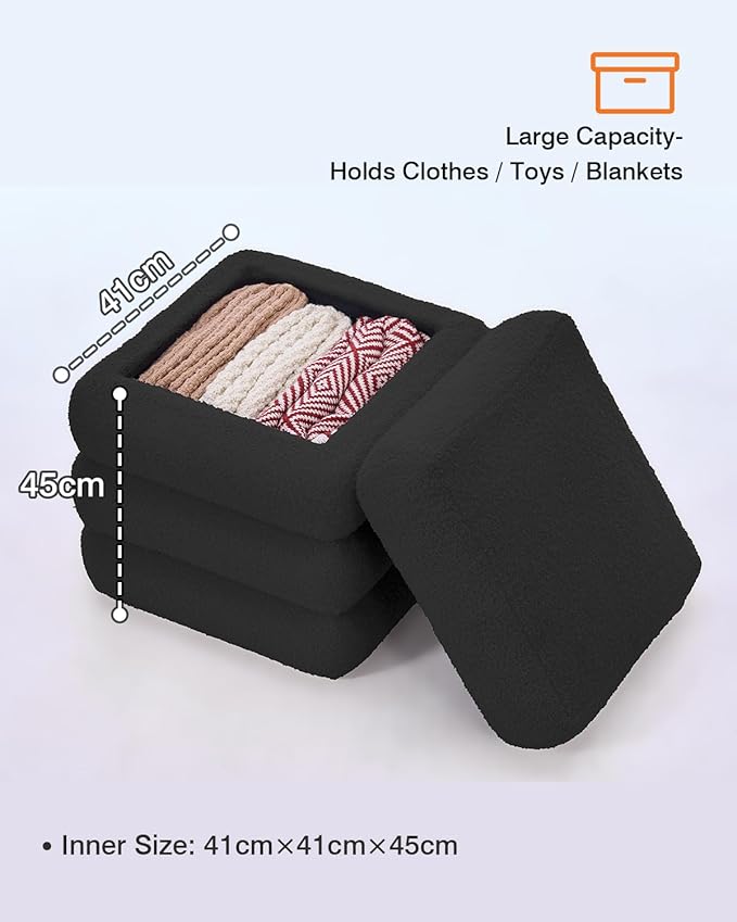 Sqare Set of 2 Sherpa Storage Ottoman Stool Boucle Vanity Stool Footstool with Removeable lid Load up to 440 lbs for Livingroom Bedroom Black UASND69B