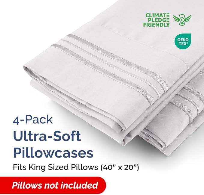 King Pillow Cases Set of 4 - Ultra Soft Hotel Quality Pillowcase Covers - Comfy, Cozy & Wrinkle Free - Shrink, Stain & Fade Resistant - Machine Washable Pillow Protectors - 4 Piece Set - French Grey